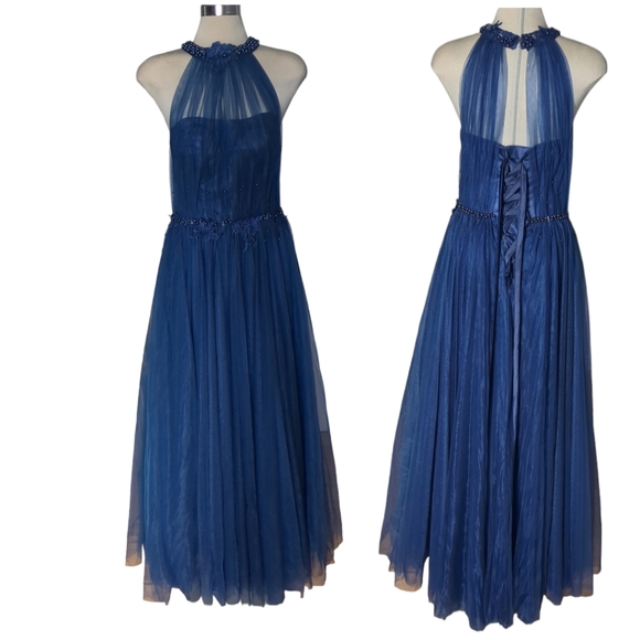 Luxury Designer Blue Beaded Embroidery Illusion Halter \ Ball Gown Blue Size S - Picture 12 of 16